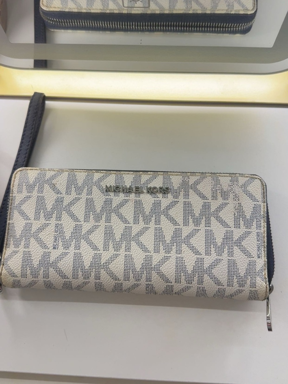 Michael Kors Cream & Navy MK Logo Zip Around Wallet